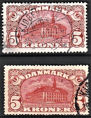 FRIMÆRKER DANMARK | 1912-15 - AFA 67,81 - 5 Kr. Centralposthus i begge udgaver - Stemplet