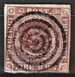 FRIMÆRKER DANMARK | 1852 - AFA 1 - 4 R.B.S Ia rødbrun - Thiele I - Pragt Stemplet