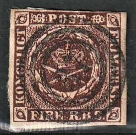 FRIMÆRKER DANMARK | 1853 - AFA 1 - 4 R.B.S IIb mørk rødbrun - Thiele II - Stemplet
