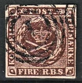 FRIMÆRKER DANMARK | 1853 - AFA 1 - 4 R.B.S IIa sortbrun - Thiele II - Stemplet