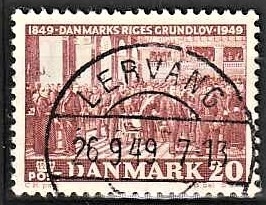FRIMÆRKER DANMARK | 1949 - AFA 315 - Grundloven 100 år - 20 øre rødbrun - Lux Stemplet Lervang