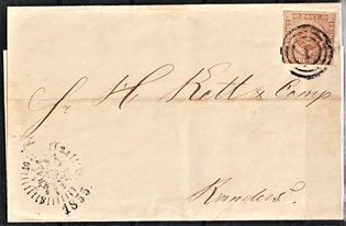 FRIMÆRKER DANMARK | 1854 - AFA 1 - 4 R.B.S IIIb gulbrun på brev - Thiele III - Stemplet