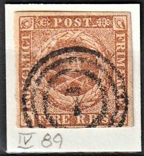 FRIMÆRKER DANMARK | 1854 - AFA 1 - 4 R.B.S IIIc gråbrun - Thiele III - Stemplet