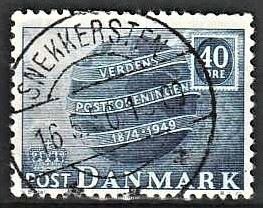 FRIMÆRKER DANMARK | 1949 - AFA 316 - Verdenspostforeningen 75 år - 40 øre blå - Lux Stemplet Snekkersten