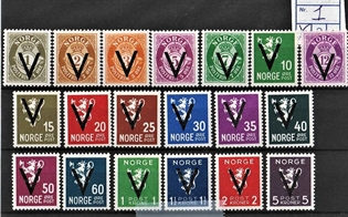 FRIMÆRKER NORGE | 1941 - AFA 245-63 - V mærker u. vm. - 1 øre - 5 kr. i komplet sæt - Postfrisk