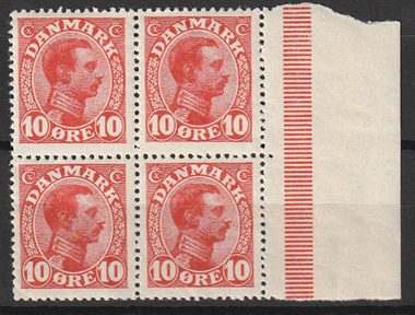 FRIMÆRKER DANMARK | 1913 - AFA 69 - Chr. X 10 øre rød i Fire-Blok med markinal - Postfrisk