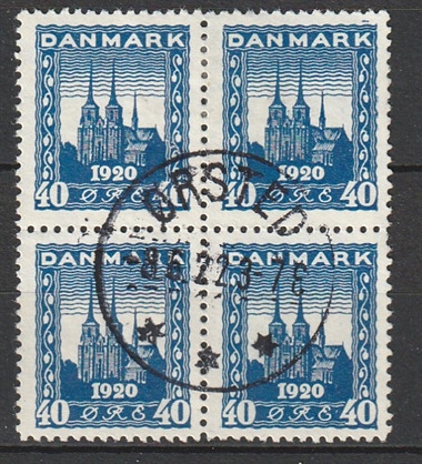FRIMÆRKER DANMARK | 1921 - AFA 116 - Genforening 40 øre blå i Fire-blok - Stemplet "ØRSTED"