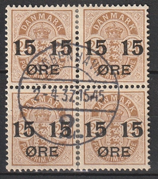 FRIMÆRKER DANMARK | 1904 - AFA 41 - 15/24 øre brun provisorier i Fire-blok - Stemplet