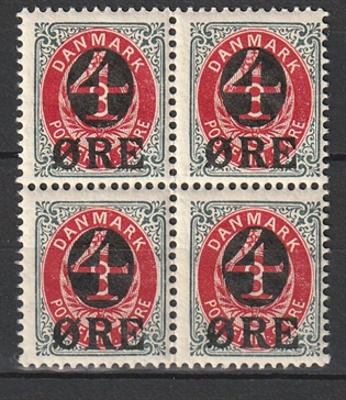 FRIMÆRKER DANMARK | 1904 - AFA 40 - 4/8 øre grå/rød provisorier i Fire-blok - Postfrisk