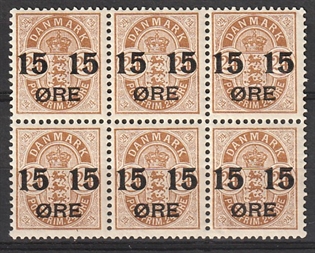 FRIMÆRKER DANMARK | 1904 - AFA 41 - 15/24 øre brun provisorier i 6-Blok - Postfrisk