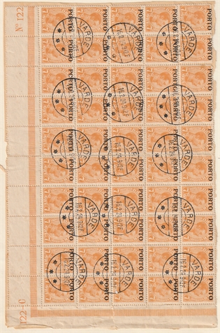 FRIMÆRKER DANMARK | 1921 - AFA 3 - 7 øre orange i 50-blok på afklip - Pragt Stemplet "VARDE"