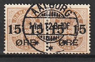 FRIMÆRKER DANMARK | 1904 - AFA 41 - 15/24 øre brun provisorier i par - Lux Stemplet "AALBORG"