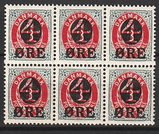 FRIMÆRKER DANMARK | 1904 - AFA 40 - 4/8 øre grå/rød provisorier i 6-blok - Postfrisk