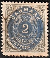 FRIMÆRKER DANMARK | 1871-74 - AFA 16a - 2 Skilling gråblå/ultramarin - Stemplet