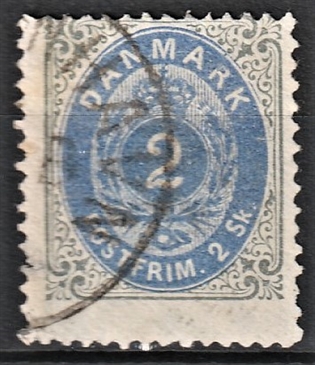 FRIMÆRKER DANMARK | 1871-74 - AFA 16 - 2 Skilling grå/blå - Stemplet