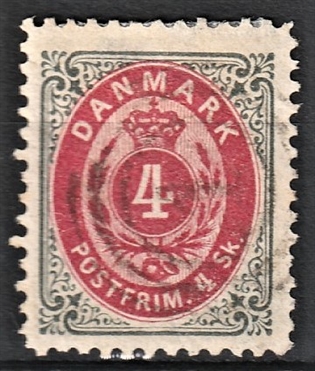 FRIMÆRKER DANMARK | 1870-71 - AFA 18A - 4 Skilling grå/karminrosa - Stemplet
