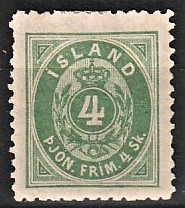 FRIMÆRKER ISLAND | 1873 - AFA 1B - Tjeneste - 4 sk. grøn tk. 12 1/2 - Ubrugt 