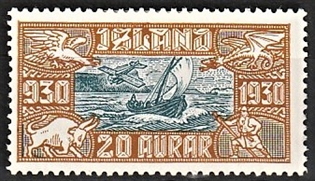FRIMÆRKER ISLAND | 1930 - AFA 143 - Altingsjubilæum Luftpost - 20 aur blå/brun - Ubrugt