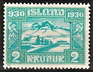 FRIMÆRKER ISLAND | 1930 - AFA 137 - Alting 1000 års jubilæum - 2 kr. blågrøn - Ubrugt