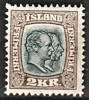 FRIMÆRKER ISLAND | 1907 - AFA 61 - Chr. IX og Frederik VIII - 2 kr. brun/grøn tk. 12 3/4 - Ubrugt 