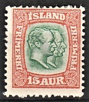 FRIMÆRKER ISLAND | 1907 - AFA 54 - Chr. IX og Frederik VIII - 15 aur rød/grøn tk. 12 3/4 - Ubrugt 