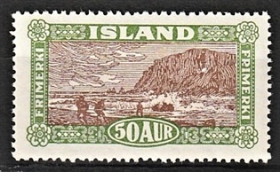 FRIMÆRKER ISLAND | 1925 - AFA 118 - Landskabsserie - 50 aur grøn/brun - Ubrugt 