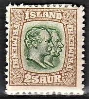 FRIMÆRKER ISLAND | 1907 - AFA 57 - Chr. IX og Frederik VIII - 25 aur brun/grøn tk. 12 3/4 - Ubrugt 