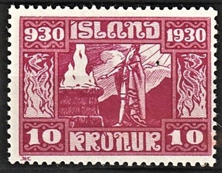 FRIMÆRKER ISLAND | 1930 - AFA 139 - Alting 1000 års jubilæum - 10 kr. rødlilla - Ubrugt