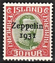 FRIMÆRKER ISLAND | 1931 - AFA 147 - Zeppelin - 30 aur grøn/rød Chr. X overtryk Zeppelin - Ubrugt