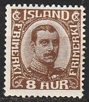 FRIMÆRKER ISLAND | 1920 - AFA 88 - Kong Christian X - 8 aur brun - Postfrisk