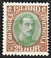 FRIMÆRKER ISLAND | 1931-33 - AFA 162 - Kong Christian X - 25 øre brun/grøn - Ubrugt