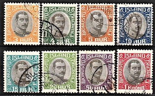 FRIMÆRKER ISLAND | 1920 - AFA 33-40 - Christian X i komplet sæt 3 aur - 1 kr. - Stemplet