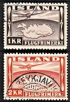 FRIMÆRKER ISLAND | 1934 - AFA 179,180 - Luftpost - 1 kr. + 2 kr. tk. 12 1/2 - Stemplet