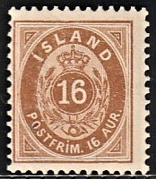 FRIMÆRKER ISLAND | 1875-76 - AFA 9B - 16 aur brun tk. 12 3/4 - Ubrugt