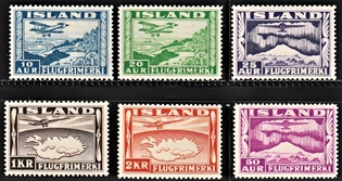 FRIMÆRKER ISLAND | 1934 - AFA 175, 176A,177A,178,179,180 - Luftpost - 10 aur - 2 kr. - Ubrugt