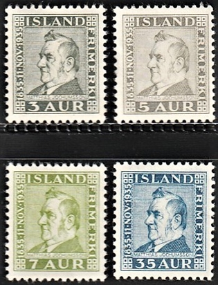 FRIMÆRKER ISLAND | 1935 - AFA 183-86 - Matthias Jochumsson - Komplet sæt 3-35 aur - Ubrugt