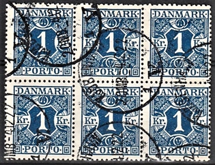 FRIMÆRKER DANMARK | 1921-25 - AFA 15 - 1 Kr. mørkblå i 6-blok - Stemplet