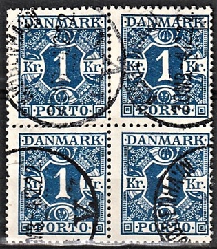 FRIMÆRKER DANMARK | 1921-25 - AFA 15 - 1 Kr. mørkblå i 4-blok - Stemplet