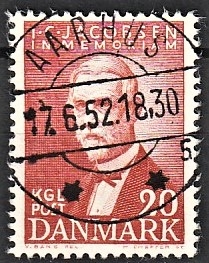 FRIMÆRKER DANMARK | 1947 - AFA 305 - I. C. Jacobsen - 20 øre brunrød - Pragt Stemplet Aarhus