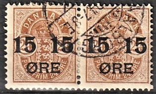 FRIMÆRKER DANMARK | 1904 - AFA 41 - 15/24 øre brun provisorier i par - Stemplet