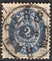 FRIMÆRKER DANMARK | 1871-74 - AFA 16a - 2 Skilling gråblå/ultramarin - Stemplet OBS: Mindre revne i Ø