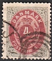 FRIMÆRKER DANMARK | 1871-74 - AFA 18 - 4 Skilling grå/rød - Stemplet