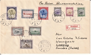 FRIMÆRKER GRØNLAND | 1945 - AFA 08-16 - AMERIKANER UDGAVEN - Flot brevforsendelse "Rekommanderet" - Stemplet "GODTHÅB"