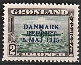FRIMÆRKER GRØNLAND | 1945 - AFA 24a - AMERIKANER UDGAVEN "DANMARK BEFRIET" Ændrede farver - 2 kr. mørkbrun/grøn - Postfrisk