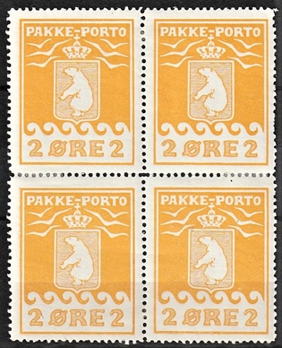 FRIMÆRKER GRØNLAND | 1915 - AFA 5 - PAKKE-PORTO - 2 øre orange i 4-blok - Ubrugt