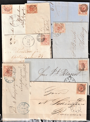 FRIMÆRKER DANMARK | 1864- | Dobbeltplanche med 15 stk. pæne skillingsbreve - Stemplet
