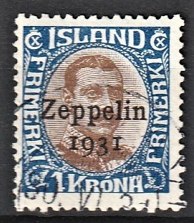 FRIMÆRKER ISLAND | 1931 - AFA 148 - Zeppelin - 1 kr. blå/brun Chr. X overtryk Zeppelin - Stemplet