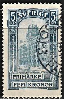 FRIMÆRKER SVERIGE | 1896 - AFA 54 - Centralpostbygningen i Stockholm - 5 Kr. blå - Stemplet