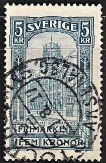 FRIMÆRKER SVERIGE | 1896 - AFA 54 - Centralpostbygningen i Stockholm - 5 Kr. blå - Stemplet