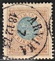 FRIMÆRKER SVERIGE | 1872 - AFA 26 - Ringtype tk. 14 uden vandmærke - 1 riksdaler brun/blå - Stemplet